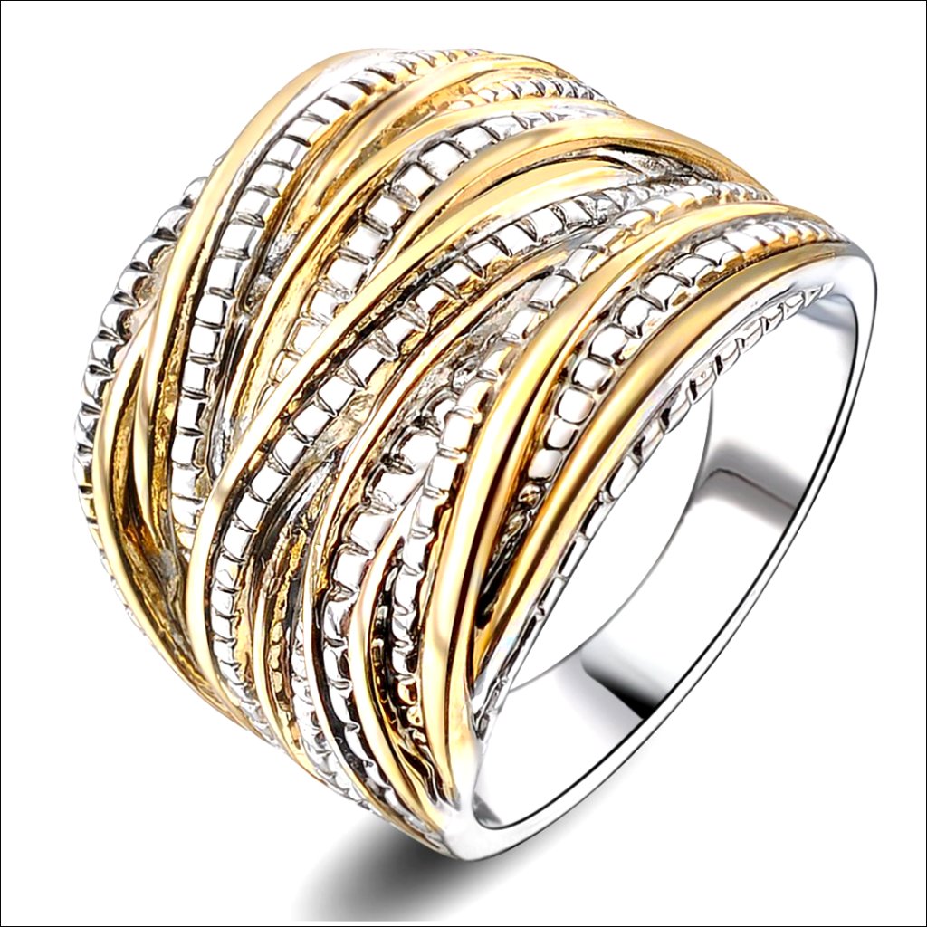 Chunky Statement Ring Size 8 Gold Silver Two-Tone Interwoven Band